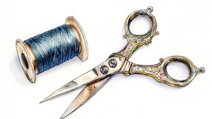 Vintage scissors and a spool of blue thread placed on a clean surface, showcasing classic sewing tools for crafting