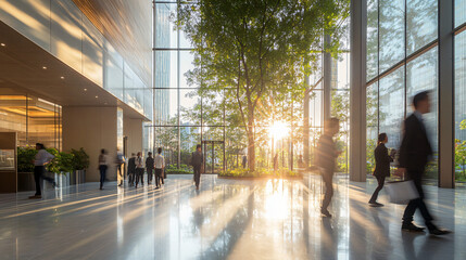 Business people are walking in a modern office lobby with a large tree in the middle and the setting sun shining through the windows