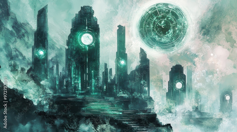 Aufkleber ancient ruins with glowing green portals under a mysterious cloudy sky at twilight