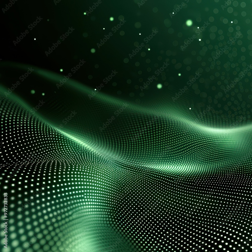 Poster abstract green wave pattern with glowing dots and soft curves.