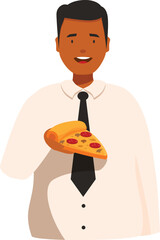Illustration featuring a happy office worker in a white shirt and tie, holding a slice of delicious pizza, enjoying his lunch break