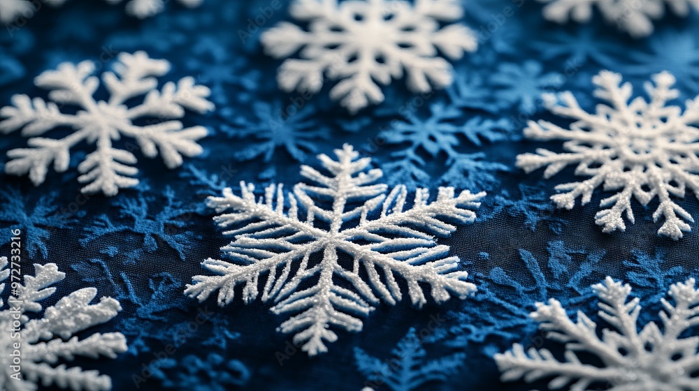 Poster sharp, angular snowflakes arranged in a repeating pattern on a festive tablecloth, creating a clean,