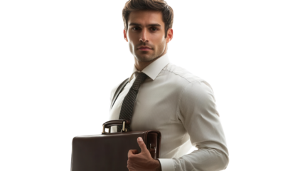 Confident businessman in a formal shirt holding a briefcase, exuding professionalism and readiness for work.