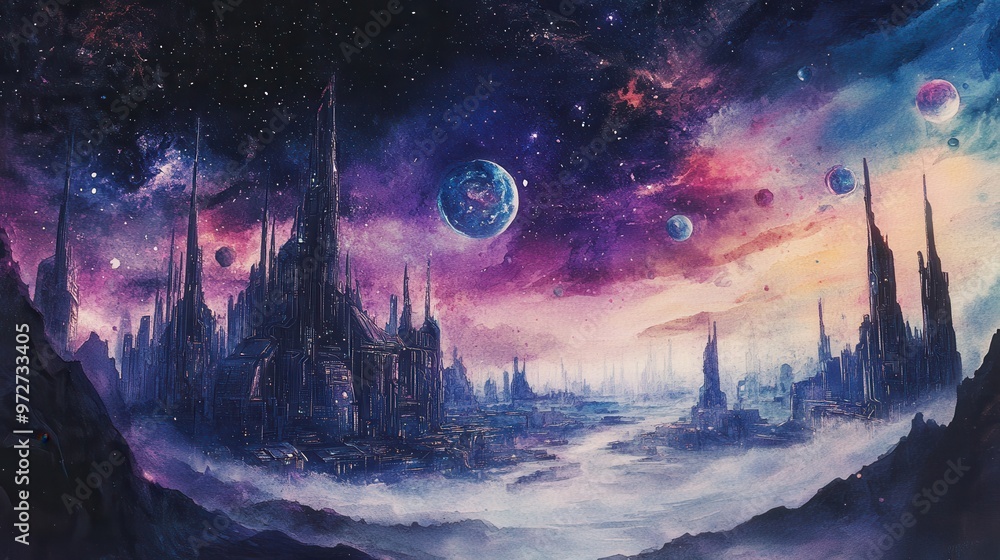 Poster a cosmic landscape featuring distant castles and vibrant planets in a colorful universe at twilight