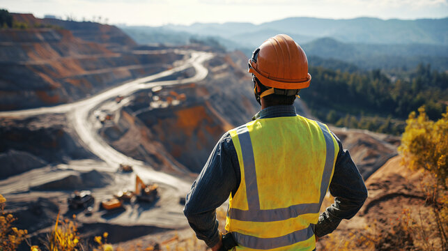 Mining engineer conducting safety inspection at quarry wearing vest and helmet
