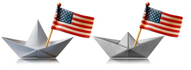 Close-up of a white paper boat with the United states of America flag hanging on the flagpole (toothpick), isolated on transparent or white background, png. Collection and variation. Generative Ai.