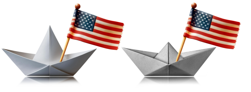 Close-up of a white paper boat with the United states of America flag hanging on the flagpole (toothpick), isolated on transparent or white background, png. Collection and variation. Generative Ai.