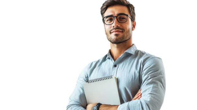 Confident man in business attire holding a notebook, smiling with arms crossed, representing professionalism and success.