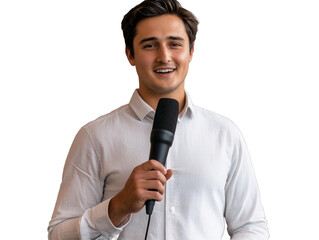 Naklejka premium Confident young man holding a microphone, ready to speak or present at an event with a bright smile.