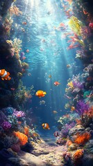 Underwater Scene with Colorful Coral Reefs, Fish, and Sea Plants