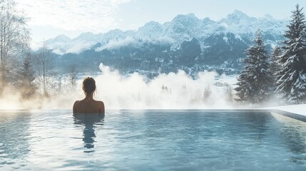 A woman enjoys a hot bath in a pool at a spa retreat with steam around her, against a backdrop of snowy mountains in winter.