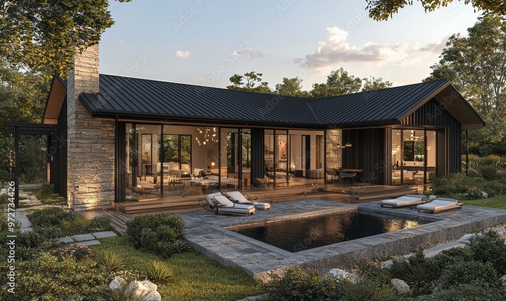 Aufkleber this is a rendering of a modern, cozy clinker house built around ponds with a garage and pool for sa