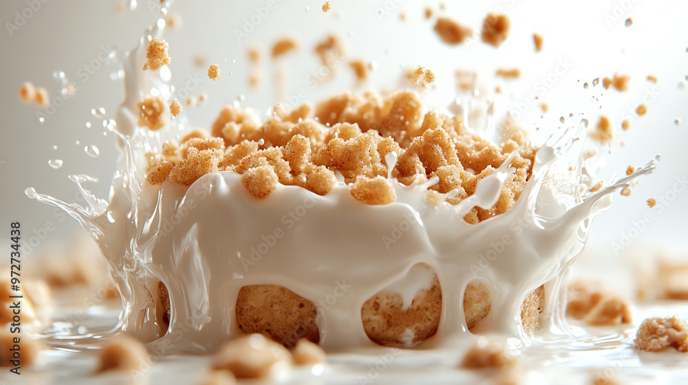 Poster cereal splash in milk with close-up focus on texture and drizzle.