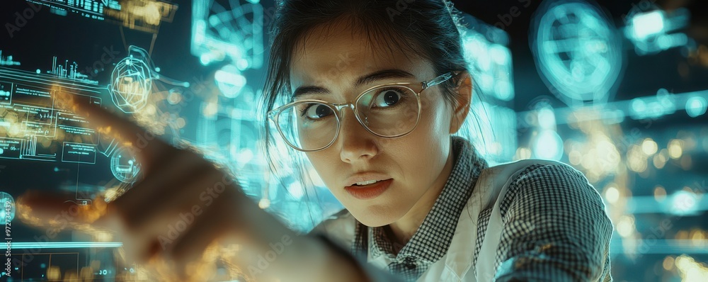 Poster confident female scientist in glasses focusing on advanced digital interface with virtual data overl