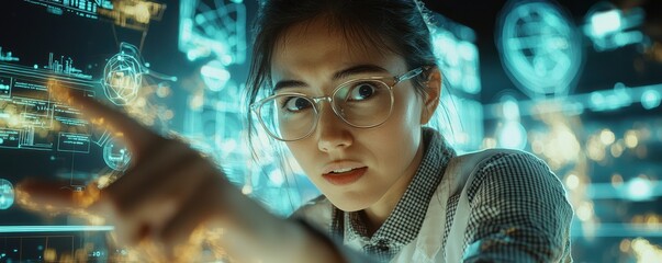 Confident female scientist in glasses focusing on advanced digital interface with virtual data overlays in a futuristic laboratory environment