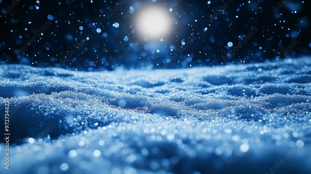 Poster glittering snow under moonlight, with tiny crystals reflecting a soft, bluish glow and creating a sh