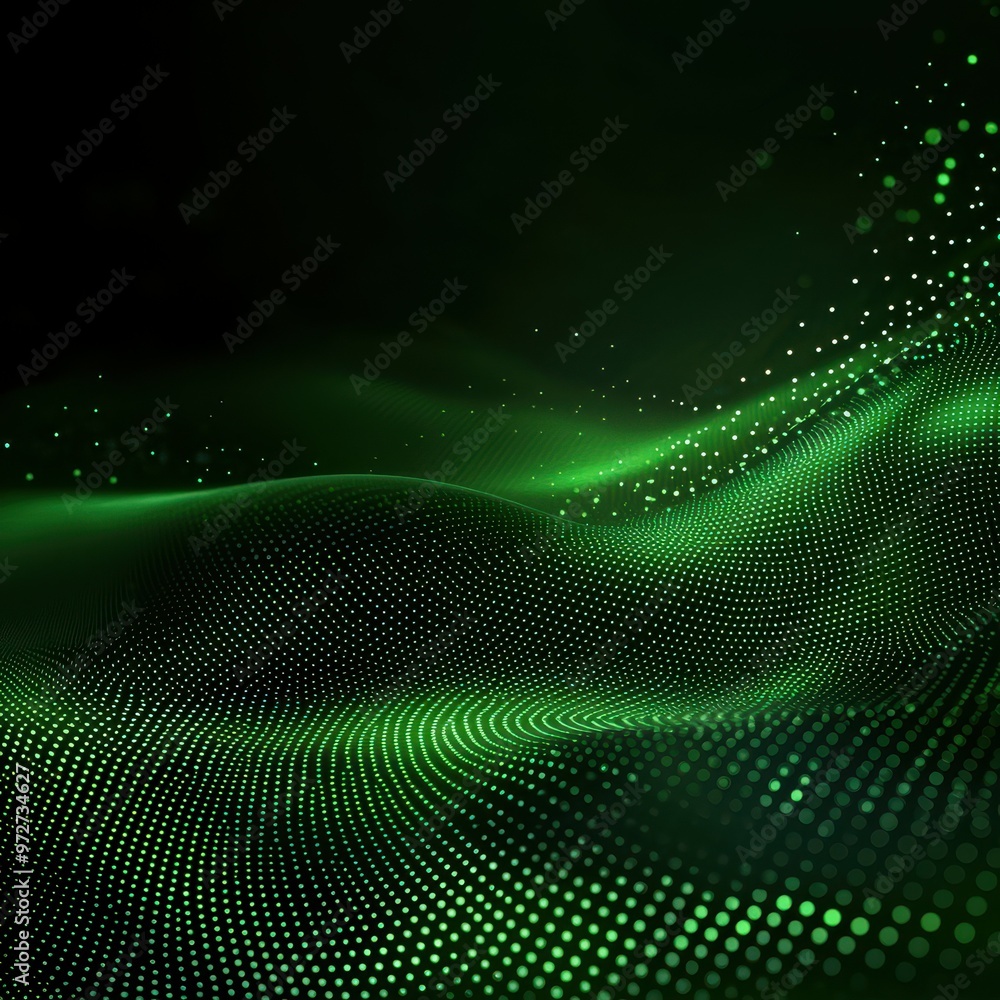 Poster dynamic green abstract waves with glowing dots creating a sense of depth and movement.