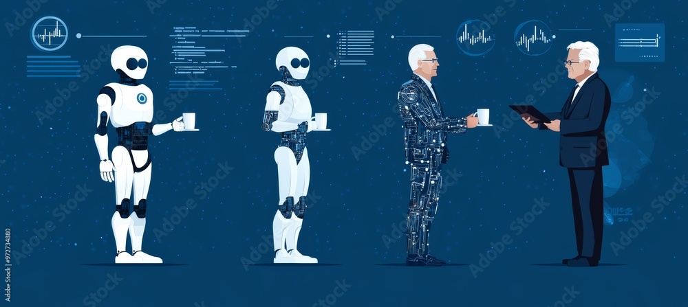Poster evolution of robotic engineering, technology of robots and humanoid computers in modern cartoon illu