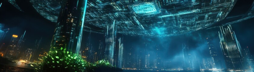 Naklejka premium Futuristic Cityscape with Advanced Technology and Neon Lights Under a Massive Floating Structure at Night