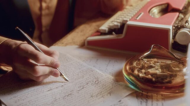 Hands of unrecognizable writer crossing out text and underlining words written on paper with fountain pen at desk with vintage typewriter and ashtray filled with cigarette butts. Close-up view