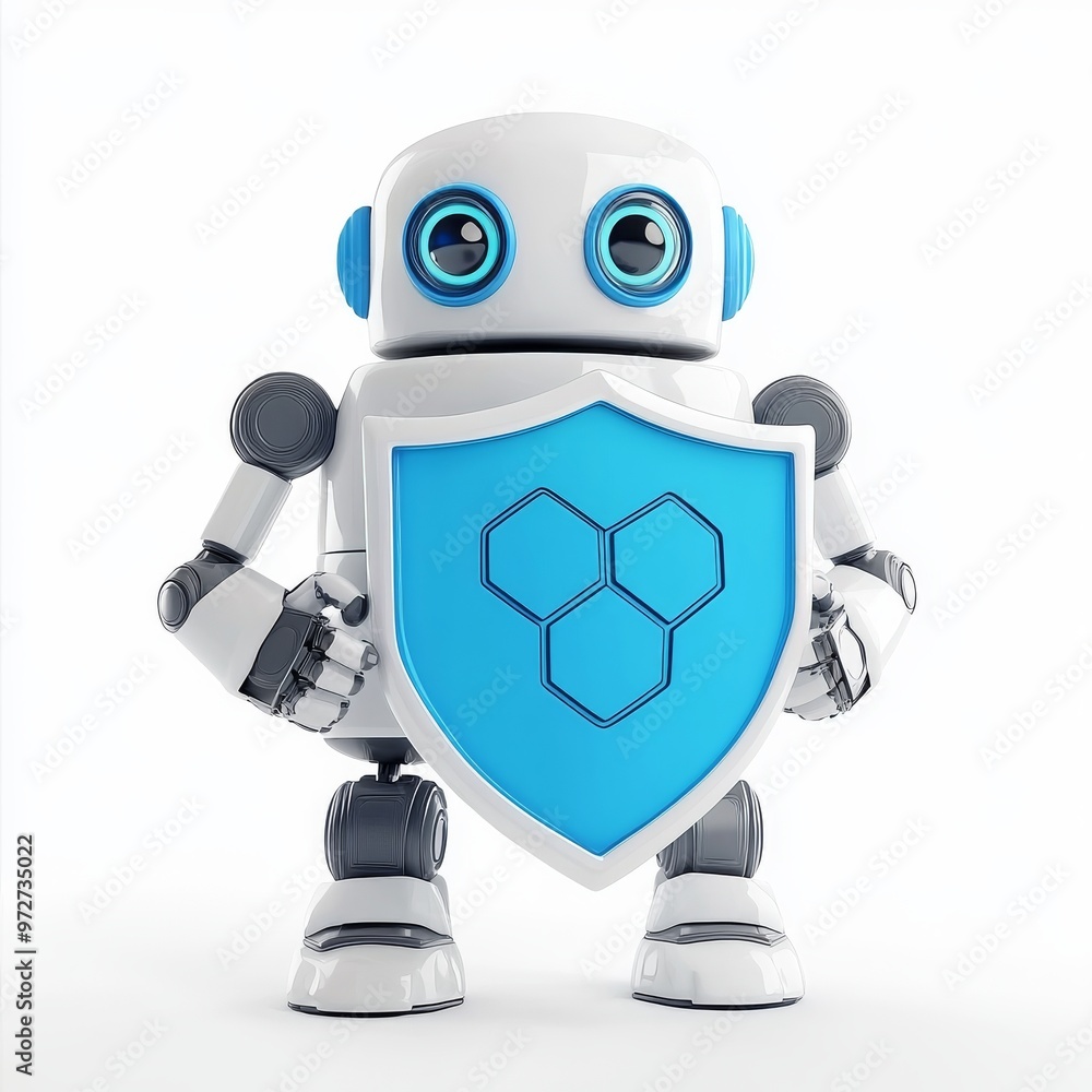 Poster robot holding transparent shield, data security concept, 3d render