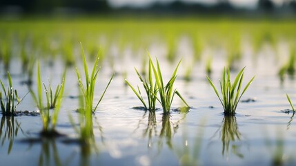  Close-up of rice plants growing in flooded fields