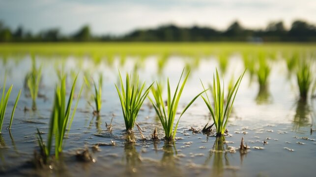 Close-up of rice plants growing in flooded fields. 