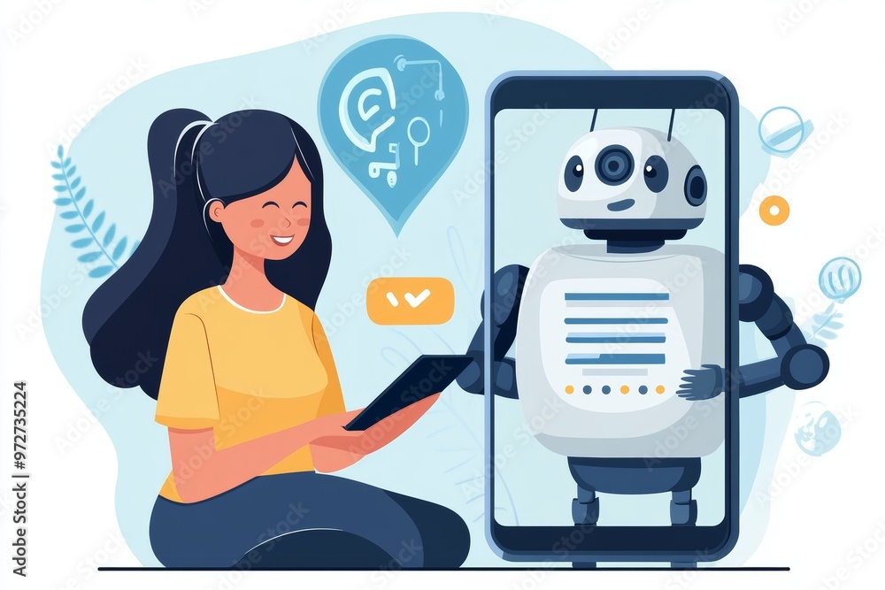 Poster graphism concept. girl is smiling and looking at the screen of her smartphone with a white robot bot