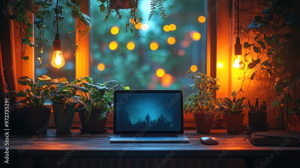 Wall mural Laptop and Plants on a Window Sill