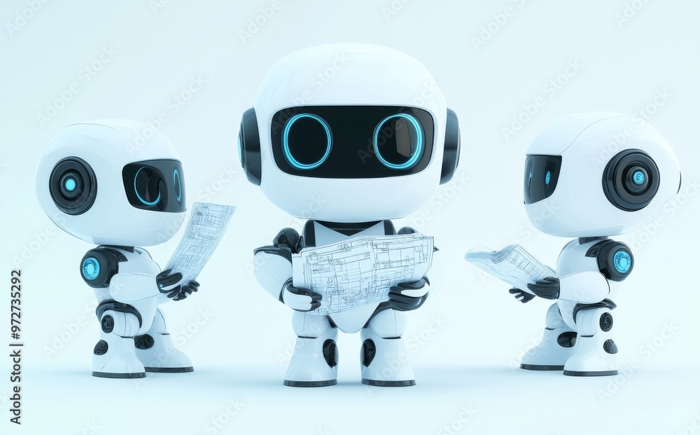 Poster illustration of robots in hard hats and blueprints for robotic engineer collection. modern illustrat