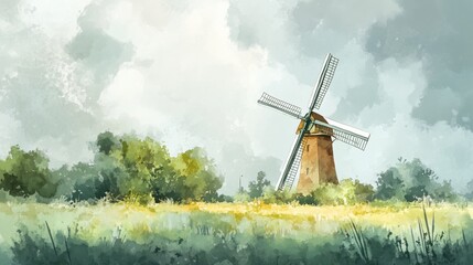 A serene landscape featuring a rustic windmill surrounded by lush greenery on a cloudy day