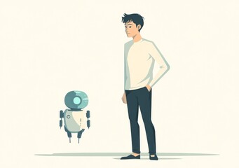 A young Asian man speaks to a cute round robot