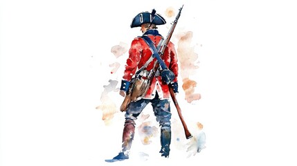 Historical reenactor in a red coat and tricorn hat stands ready with a musket during a summer event in a lush outdoor setting