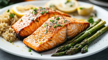 A plate of baked salmon fillets with a side of quinoa and roasted asparagus, beautifully