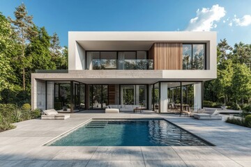 Three-dimensional rendering of a modern house exterior with a swimming pool
