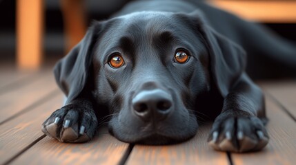 A lonely, bored black Labrador dog lying alone on a wooden floor at home