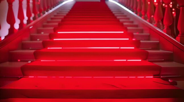 LED Lights Illuminate White Staircase with Red Runner