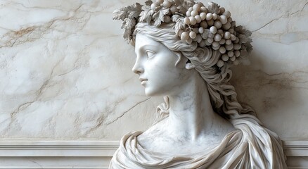 Naklejka premium Marble Statue of Goddess Clio with Wreaths and Grape Leaves, Against a White Wall. AI generated illustration