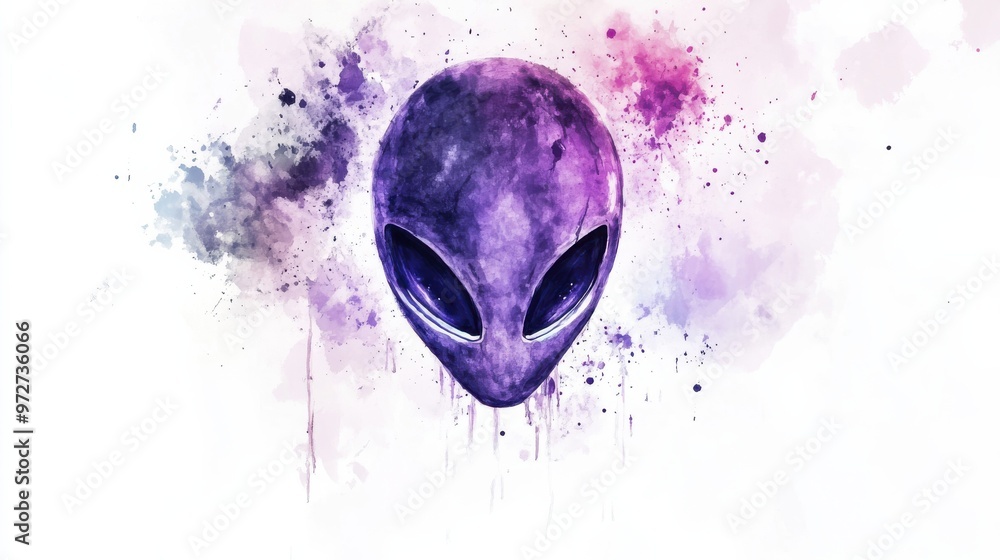 Poster a creative depiction of a purple alien head surrounded by colorful splashes of paint and artistic ef