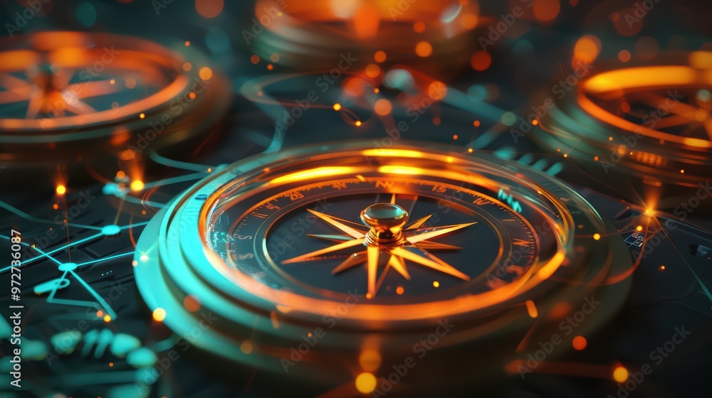 Poster A close-up of a glowing compass on a dark surface, symbolizing guidance and navigation in a modern, digital world.