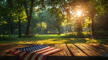 An American flag lies draped on a wooden table in a sunlit, tranquil park scene with lush trees and a bright, warm ambiance, symbolizing patriotism and peace