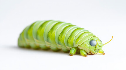 A close-up of a bright green caterpillar with segmented body and small antennae, shown against a plain white background.