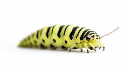 Naklejka premium A bright yellow caterpillar with black stripes and tiny legs crawls on a white background, showcasing its colorful and intricate pattern.