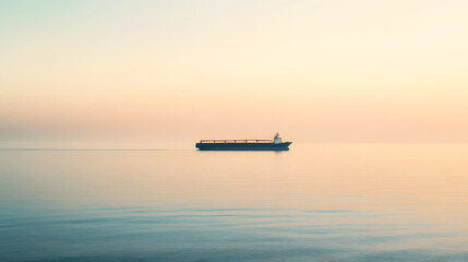 Obraz premium solitary cargo ship in the distance, moving across a calm sea with the horizon glowing softly in the warm