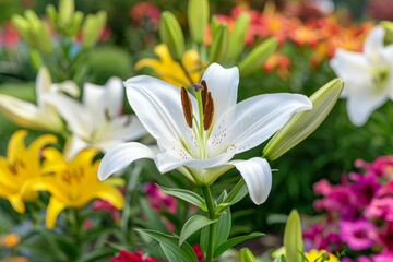 Fototapeta premium Elegant White Lily Flower in Full Bloom, Surrounded by Colorful Lilies in a Garden Setting