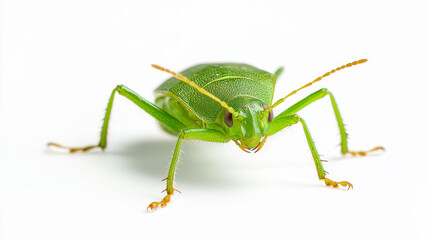 A close-up view of a vibrant green katydid with long antennae, standing on a clean white background.