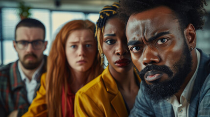 A group of four diverse friends gather in a stylish café, sharing a tense moment of surprise while engaging in a lively discussion