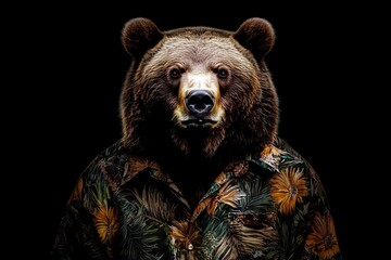 Stock of a brown bear wearing an aloha shirt from Hawaii