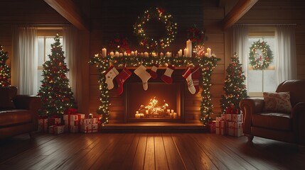Fototapeta premium Christmas mantle decorated with pine garlands, candles, and stockings, overlooking a cozy living room with festive decor. 4K hyperrealistic photo.