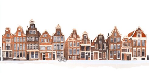 Fototapeta premium This watercolor illustration depicts a street of Scandinavian houses and nordic architecture on a white background